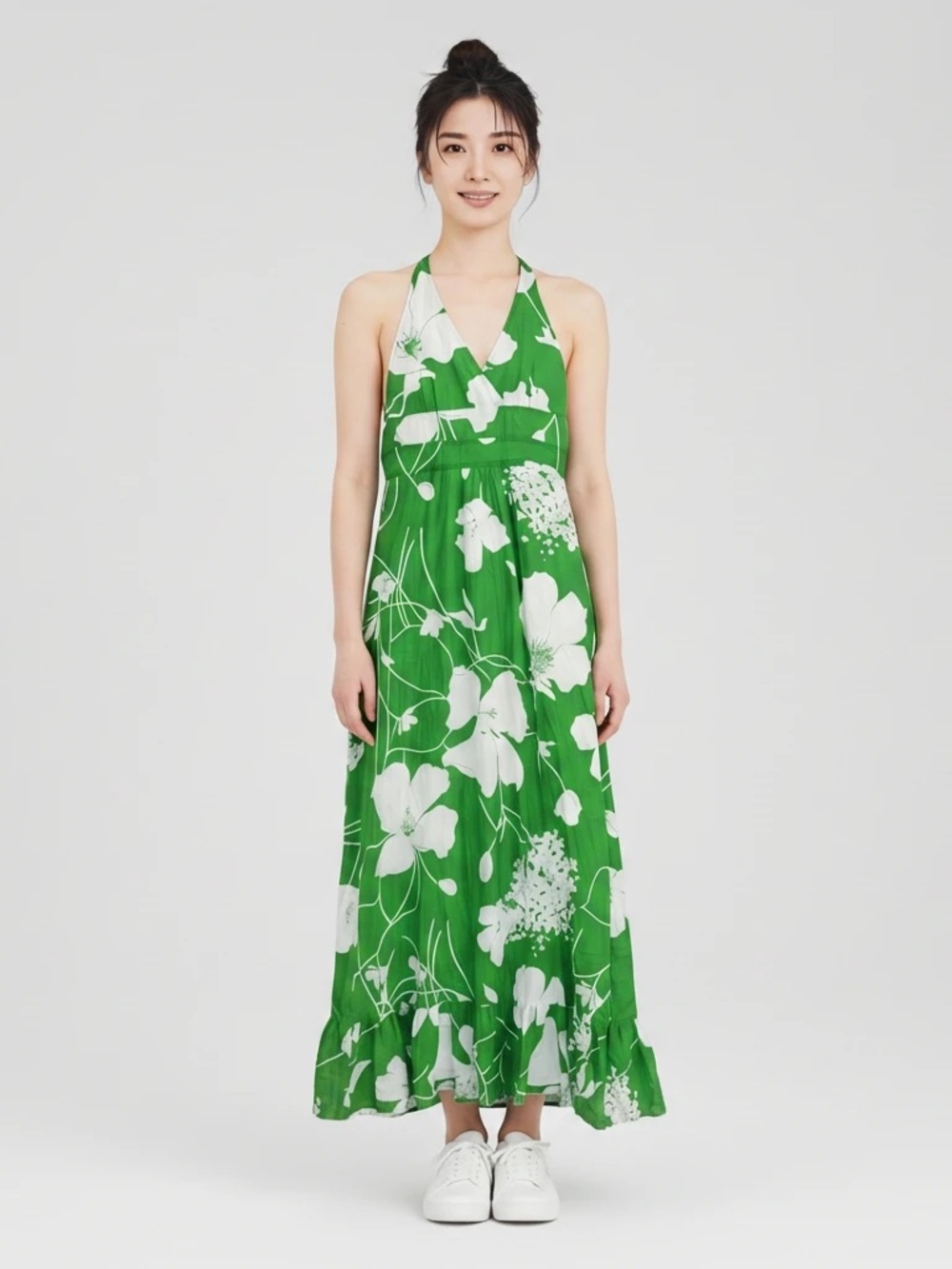 Odille for Anthropologie Green and White Floral Halter Maxi Dress in Size 2